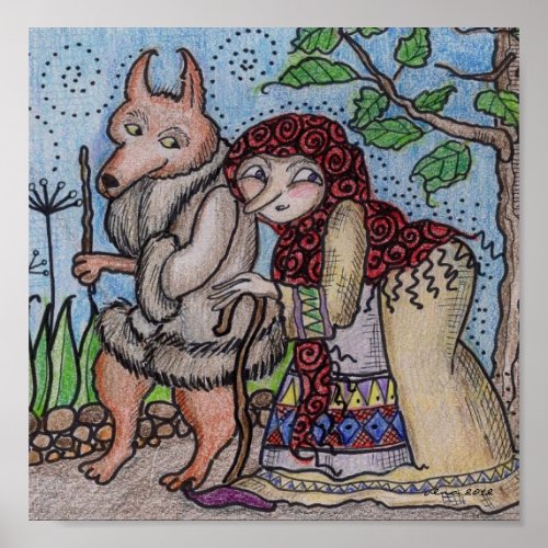 Crone and Wolfie Go for a Walk  Ukrainian Folk Art Poster