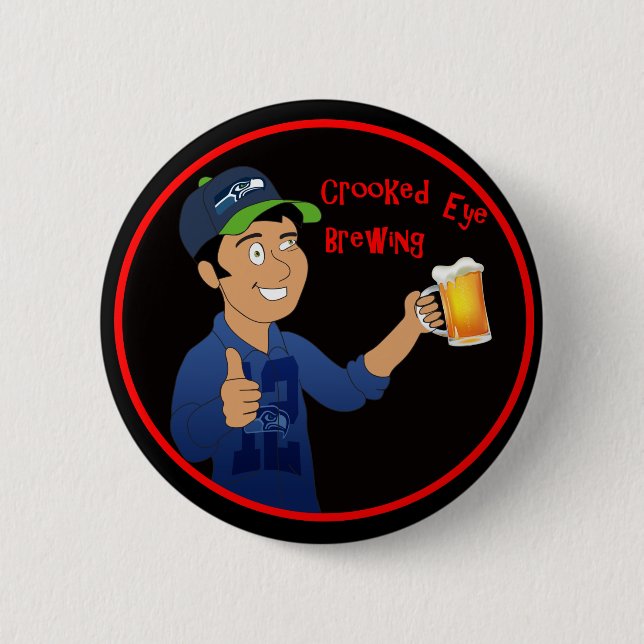 Crooked eye brewing pinback button (Front)