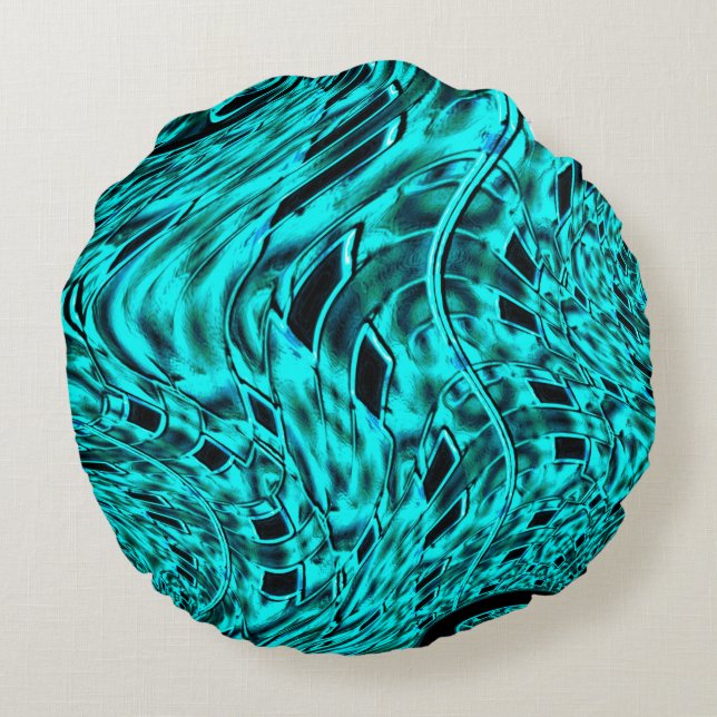 Crooked squares mirrored in cyan image Image Round Pillow (Back)