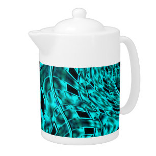 Crooked squares mirrored in cyan or blue color teapot