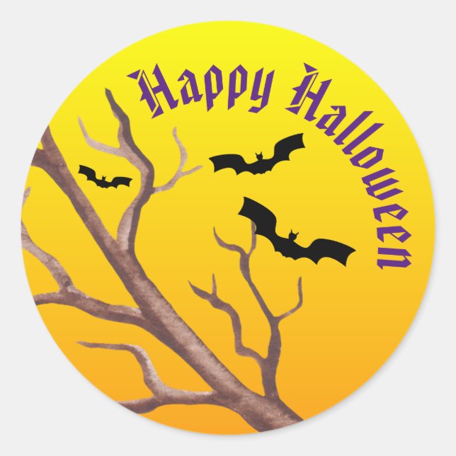 Crooked Tree Branch, Bats And A Full Moon Classic Round Sticker (Front)