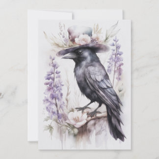 Crop Rabe Crow with hat and flowers Watercolor Holiday Card