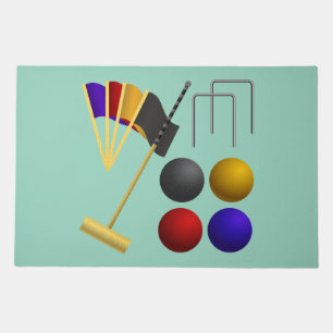 Croquet Equipment Set Mallet Balls Hoops Doormat