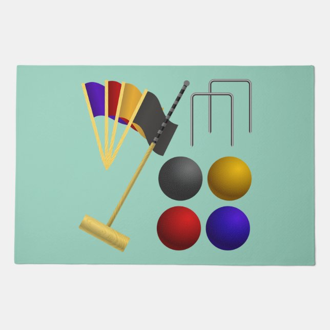 Croquet Equipment Set Mallet Balls Hoops Doormat (Front)
