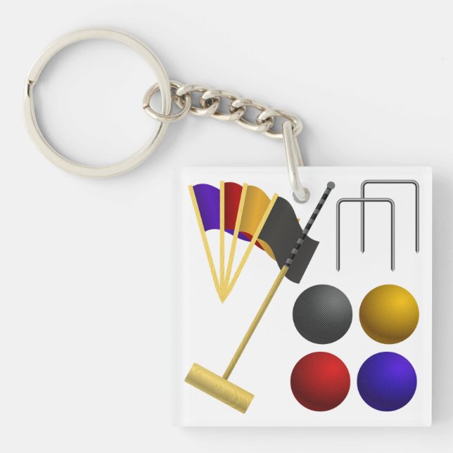 Croquet Equipment Set Mallet Balls Hoops Keychain (Front)