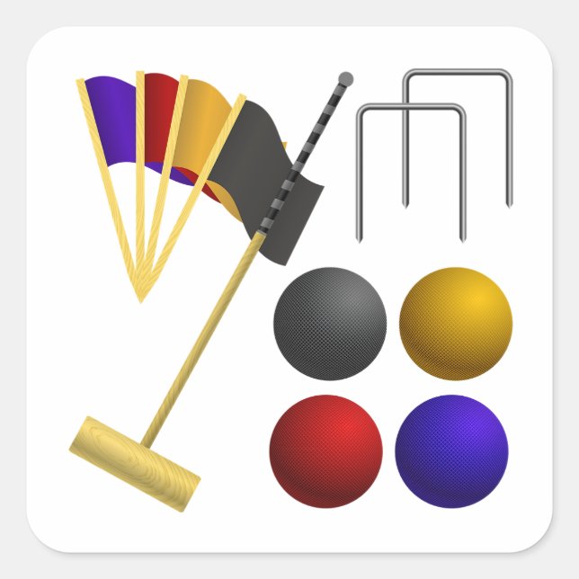 Croquet Equipment Set Mallet Balls Hoops Square Sticker (Front)