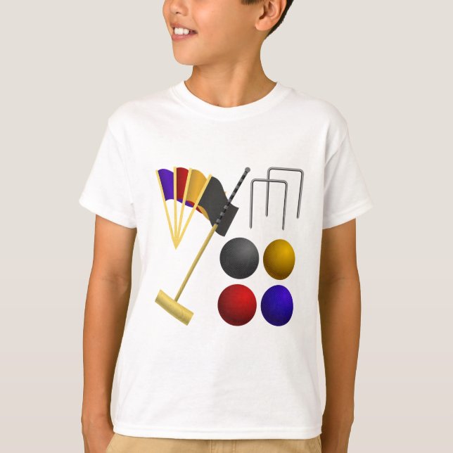 Croquet Equipment Set Mallet Balls Hoops T-Shirt (Front)