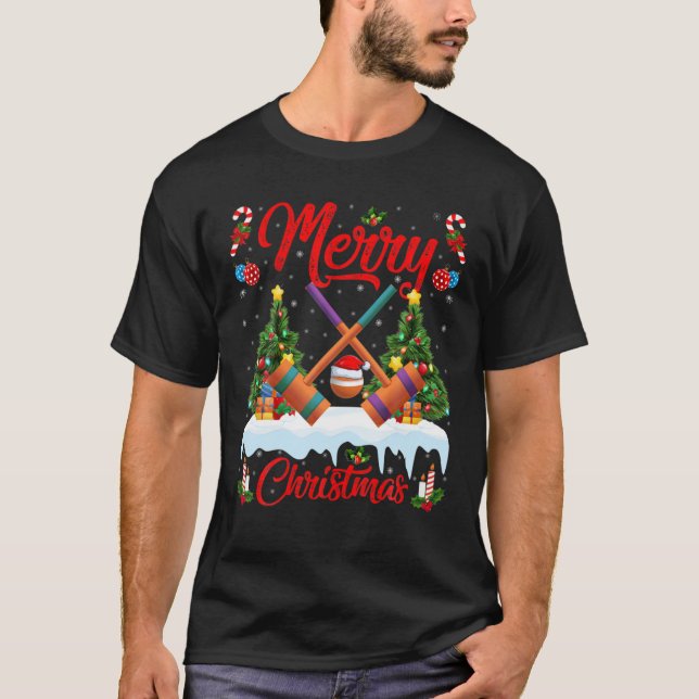 Croquet Lover Xmas Lighting Santa Hat Croquet Chri T-Shirt (Front)