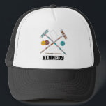 Croquet Set, Lawn Games Graphic Personalized Trucker Hat<br><div class="desc">Keep the sun out of your eyes the next time you're playing a game of croquet with this personalized hat. It features illustrations of croquet set piece like croquet mallets and balls with a spot to add a name or other text in bold black lettering below the graphic.</div>