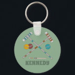 Croquet Set Lawn Games Jade Green Keychain<br><div class="desc">Create a small personalized gift that's perfect for someone who loves to play croquet. This keychain features illustrations of equipment from a croquet set like croquet mallets and balls set against a jade green background. It's ready to be personalized with a name below the graphic in darker green lettering.</div>