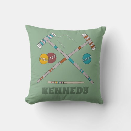 Croquet Set Lawn Games Jade Green Personalized Throw Pillow