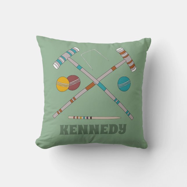Croquet Set Lawn Games Jade Green Personalized Throw Pillow (Front)