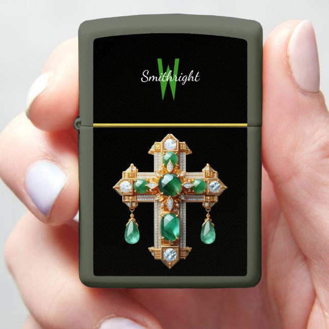 Cross adorned with green and white stones zippo lighter (In Hand)