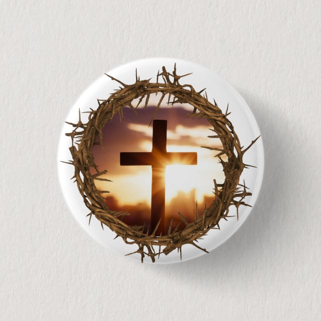 Cross and Crown of Thorns Christian    Button (Front)