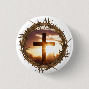 Cross and Crown of Thorns Christian    Button