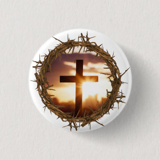 Cross and Crown of Thorns Christian Button