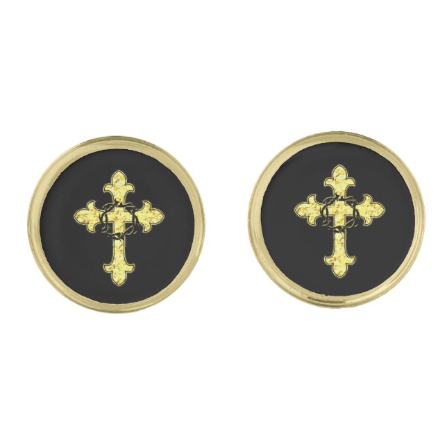 Cross and Crown of Thorns Gold Cufflinks (Front)