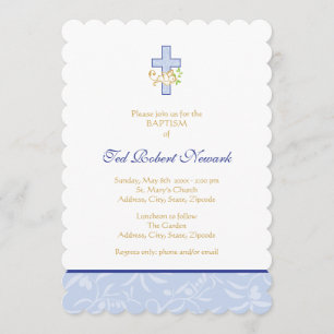 Cross and Dove Blue Boy Baptism Invitation