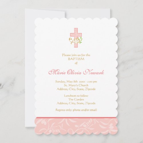 Cross and Dove  Coral Girl Baptism Invitation
