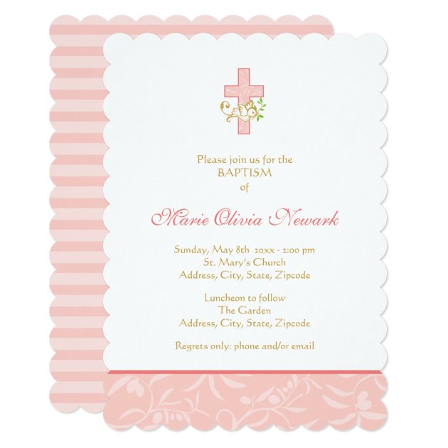 Cross And Dove | Coral Girl Baptism Invitation