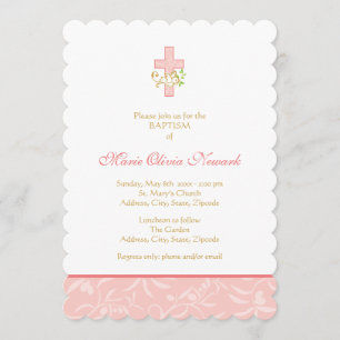 Cross and Dove Coral Girl Baptism Invitation