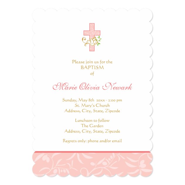 Cross And Dove | Coral Girl Baptism Invitation