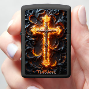 Cross and Flames Zippo Lighter