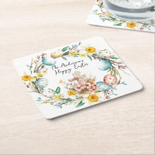 Cross and floral Easter Square Paper Coaster
