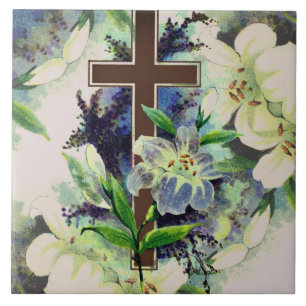 Cross And Flowers Ceramic Tile