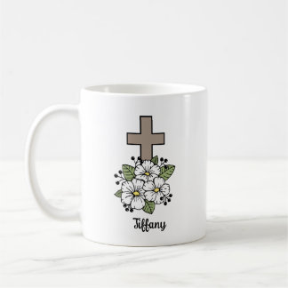 Cross and Flowers Personalized Coffee Mug