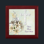 Cross And  Flowers Wooden  Keepsake Box<br><div class="desc">Beautiful picture of a cross with a bouquet of flowers,  graces this wooden jewelry keepsake box. You can add your own text or have no text on the lid,  making this the perfect gift for Birthdays,  Confirmations,  Graduation,  Wedding or Anniversaries!</div>