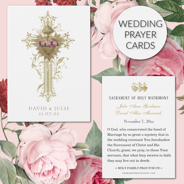 Cross and Heart Catholic Wedding Prayer Card (Featuring a beautiful traditional Catholic wedding prayer card with the Immaculate Heart of Mary. )