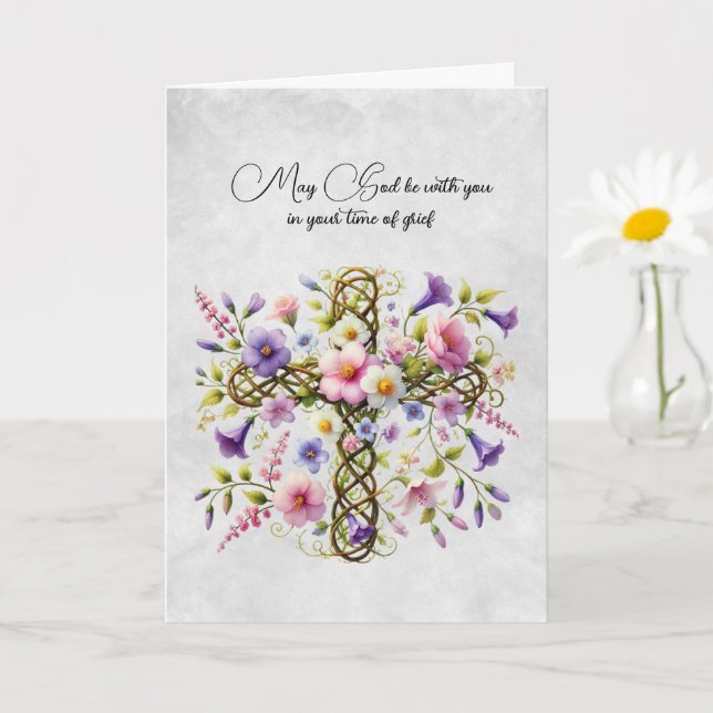 Cross and Pink Purple Floral Sympathy Card (Small Plant)