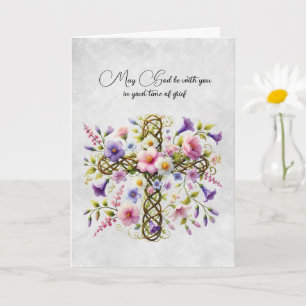 Cross and Pink Purple Floral Sympathy Card