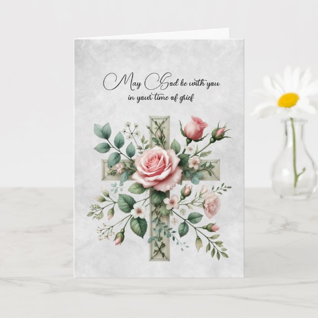 Cross and Pink Roses Sympathy Card (Small Plant)