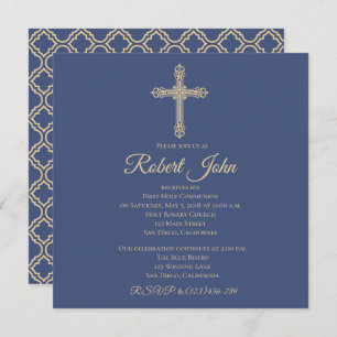 Cross and Quatrefoil First Communion Invitation