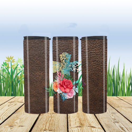 Cross and Roses on Simulated Faux Leather  Thermal Tumbler
