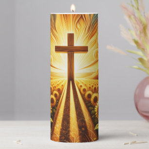 Cross and Sunflowers Pillar Candle