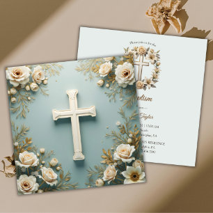 Cross and White Roses Catholic Baptism Christening Invitation