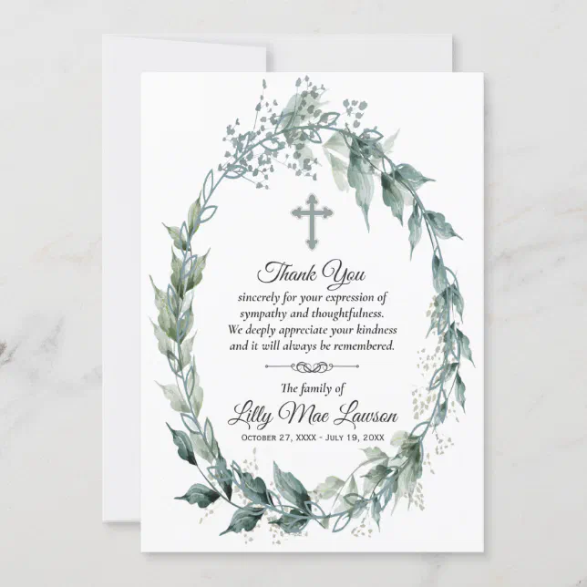 Cross and Wreath Funeral Memorial Thank You Cards | Zazzle