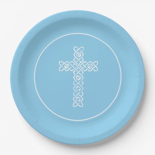 Cross  Baby Blue Communion Baptism Christening Paper Plates