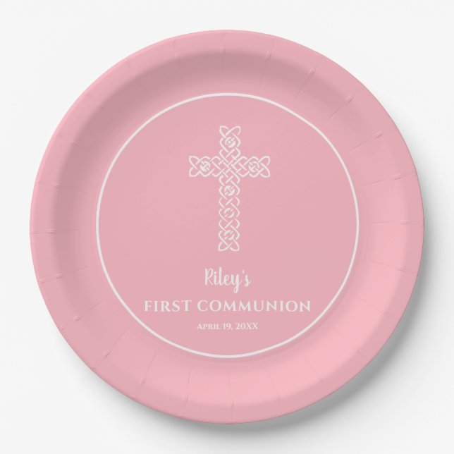 Cross | Baby Pink Communion Baptism Christening Paper Plates (Front)