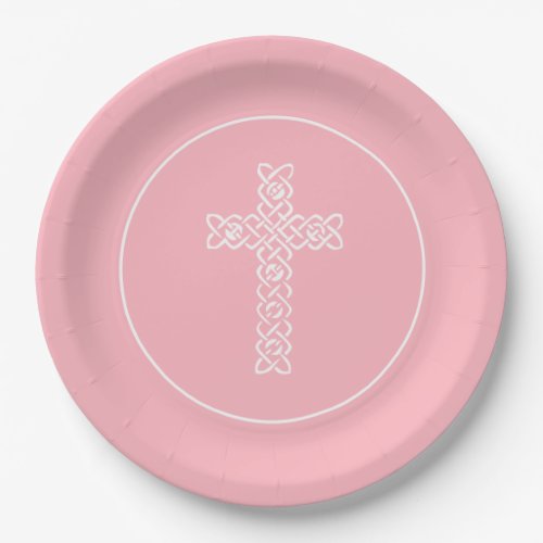Cross  Baby Pink Communion Baptism Christening Paper Plates