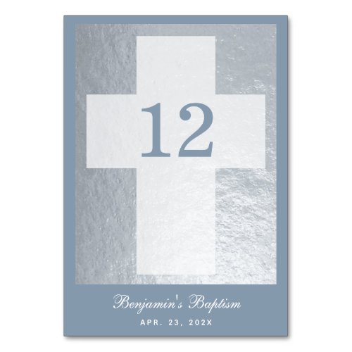 Cross Baptism Boy Dusty Blue Faux Silver Religious Table Number