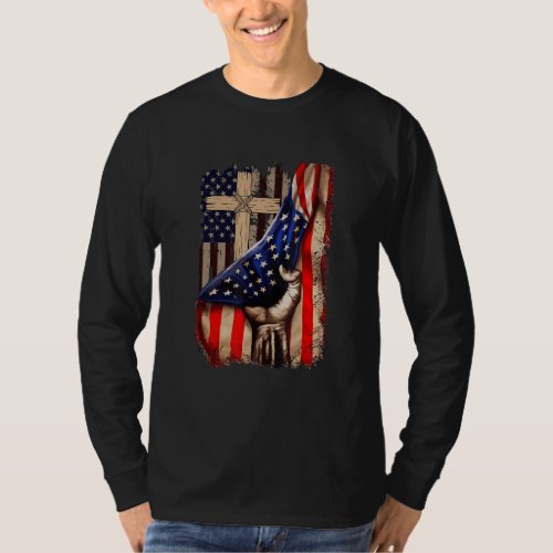 Cross Behind US Flag Religious Patriotic Christian T_Shirt