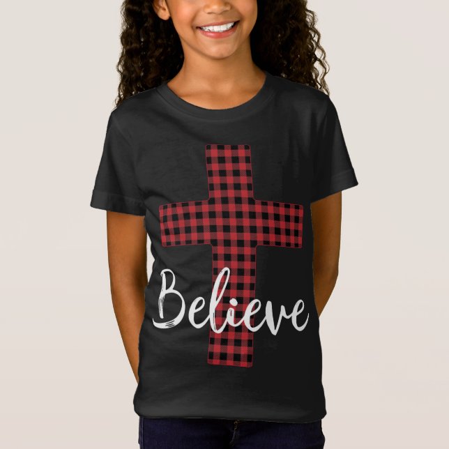 Cross Believe Jesus Buffalo Plaid Christian Christ T-Shirt (Front)