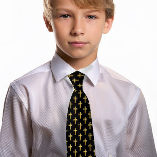 Cross Black Faux Gold First Communion Confirmation Neck Tie