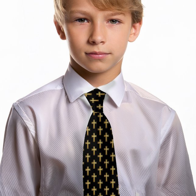 Cross Black Faux Gold First Communion Confirmation Neck Tie (Creator Uploaded)