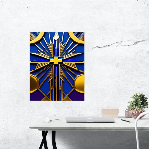 Cross Blue Gold Stained Glass Illustration Poster