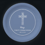 Cross | Blue Gray Communion Baptism Christening Paper Plates<br><div class="desc">Paper plates with an open weave white cross on an elegant blue gray background - you can CHANGE TO ANY COLOR - is ideal for your child's First Communion, Christening, Baptism, Confirmation or Dedication party or reception. Can be personalize with your child's name and the event details. Available in 2...</div>